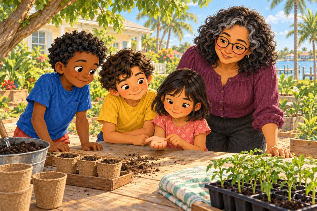 A younger child holds the next seed with Julian nearby.