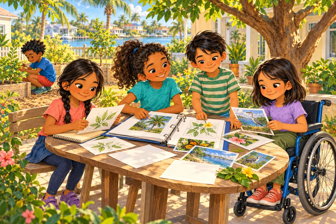 The children share growing observations around an accessible school work table.